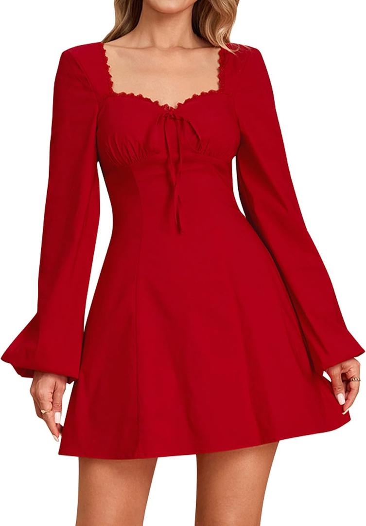 EYNMIN Long Sleeve Mini Dress Lace Sweetheart Neckline Tie A Line Cute Casual Short Party Dresses for Women (S)