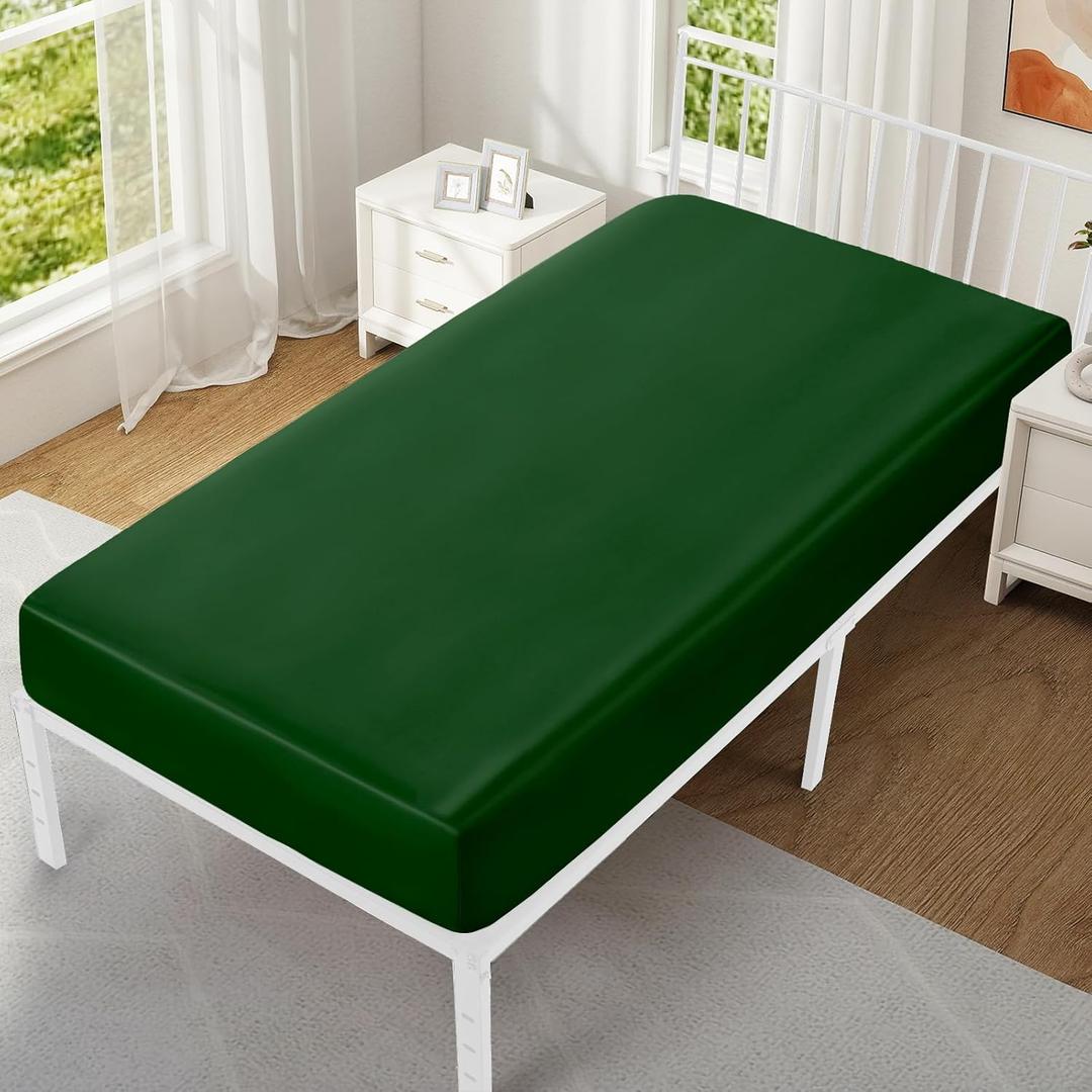 VACVELT Cot Fitted Sheet, 31 x 75 Inch Dark Green Cot Sheets, Ultra Soft and Breathable Satin Bed Cover Snug Fit for Narrow Twin/RV Bunk/Camper Bunk/Guest Beds/Trifold Mattress
