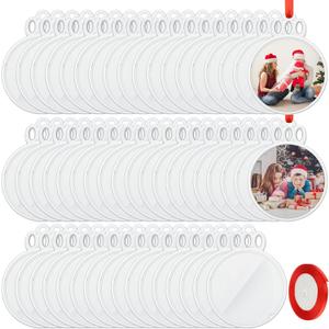 Vercraft 60 Pcs 2025 Christmas Clear Round Frame Ornaments with Red Ribbon, Acrylic Blank Round Photo Frame Bulk, Hanging Photo Ornaments for Christmas Tree Decoration (Crown Style)