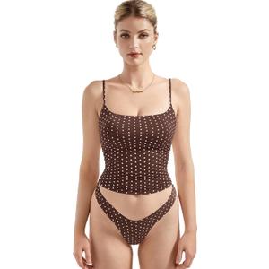 SUUKSESS Women Double Line Square Neck Tank Top Summer Going Out Tops Sleeveless Basic Cami Shirts (Brown Polka Dots, S)