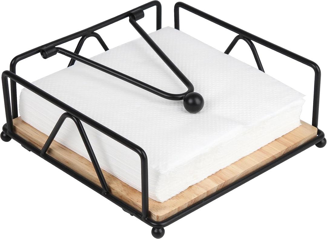 Napkin Holder for Table, Metal and Wood Napkin Holder, Weighted Napkin Holders for Paper Napkins, for Kitchen Counter, Dining Table (Black)