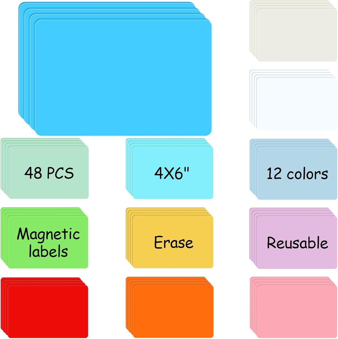 Ctosree 48 Pcs Dry Erase Magnetic Labels 4 x 6 Inch, Dry Erase Magnets Reusable Magnetic Magnets Name Tags Blank Multipurpose Colorful Stickers Strips for Whiteboard Locker School Office (Mixed Color)