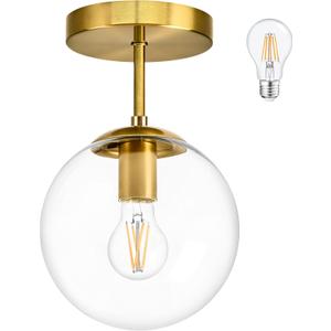 Bagood 8 Inch Gold Semi Flush Mount Ceiling Light Fixture Clear Glass Globe Ceiling Light Fixture Modern Hallway Light Fixtures Mid Century Ceiling Light Brass Finish for Entryway Bedroom (Bulb Incl.)