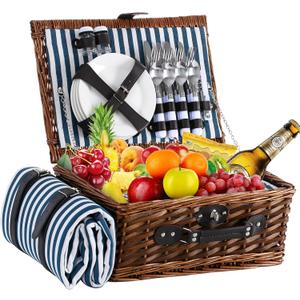 Picnic Basket for 4 with Waterproof Picnic Blanket and Insulated Cooler, Wicker Picnic Set, Willow Hamper for Camping, Outdoors, Photoshoot, or a Birthday, Mother's Day, Wedding Gift, Blue