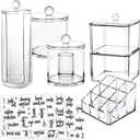 6-Pack Makeup Organizer Acrylic Plastic Containers. Bathroom Beauty Storage Set: 5 Canisters & 107 Printed Labels Organization