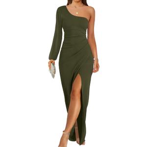 ZESICA Women's One Shoulder Long Sleeve Cocktail Dress Sexy High Slit Ruched Bodycon Wedding Guest Maxi Dresses, M