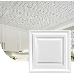2ft x 2ft White Carved Relief Ceiling Tiles - Drop Ceiling Tile 24 x 24in- Waterproof, Washable and Fire-Rated - Virgin-Grade PVC,Easy Drop-in for 15/16" Grid-Pack of 12 Tiles(48 Sq. Ft), 24.8 x 24.8 x 2.1 inches