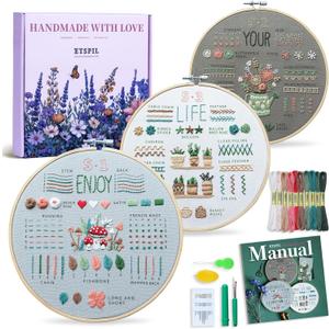 ETSPIL Embroidery Kit for Adult Beginners, 3-Pack 33-Stitch Practice Samplers, Pre-Stamped Patterns, 7.8-Inch Hoop, Threads & Needles, Step-by-Step Guide & Video, DIY Needlework Craft Gift for Women