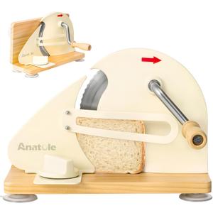 Anatole Foldable Manual Bread Slicer for Homemade Sourdough Bread with Engraved Scale Line Bread Guide Hand Crank Bread Cutter with Adjustable Thickness Stainless Steel Blade 6 Suction Cups
