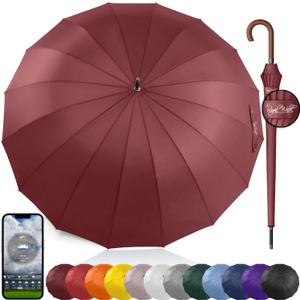 Royal Walk Large Windproof Umbrella for 2 People, 54 Inch, Dark Red, Aluminum Frame, 16 Ribs, Wooden Handle, Auto Open, Carry Sleeve