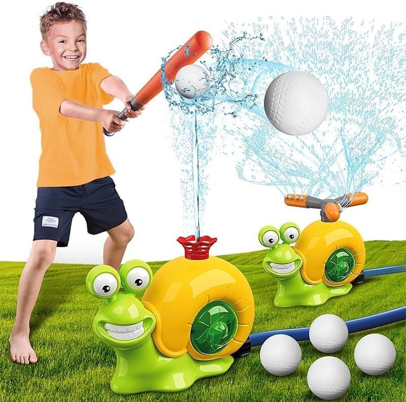Baseball Sprinkler for Kids, Water Toys for Kids Ages 4-8, Outdoor Toys Play for Toddlers 3-5, 2 in 1 Snail T Ball Set, Summer Backyard Lawn Swimming Pool Birthday Toys for Boys Girly Ages 4+