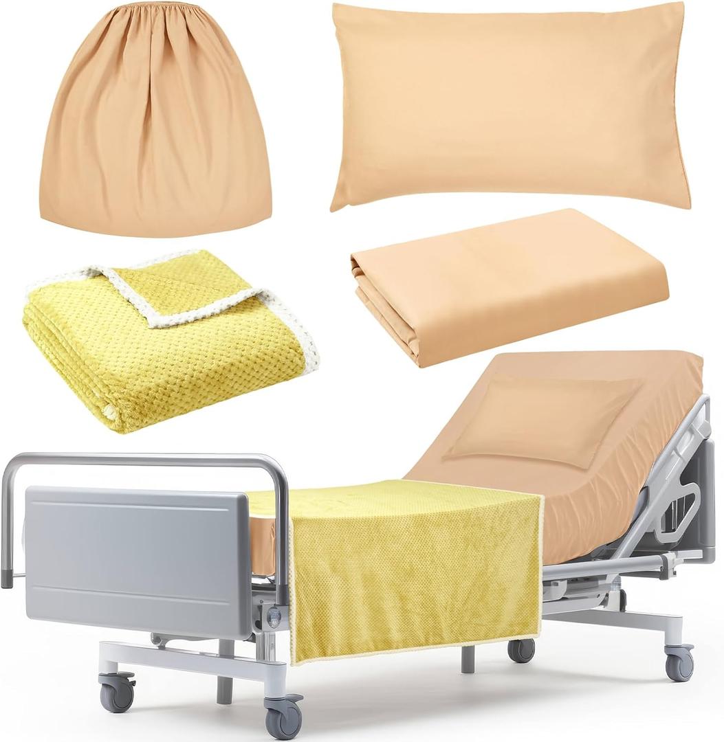 4 Pcs Hospital Bed Sheets Set, Soft Knitted Standard Sheets Quality, Include Fitted Sheet, Quilt Cover, Pillow Case and Blanket (Yellow)