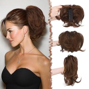 FESHFEN Claw Clip Short Ponytail Extensions - DIY Bendable Metals Fluffy Messy Bun Hair Piece Straight Synthetic Hairpieces for Women, Dark Brown Mix Auburn