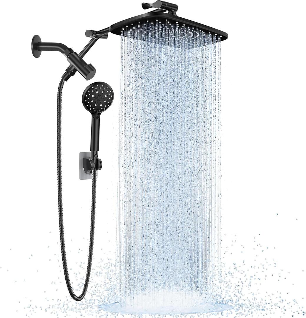 Veken Wide Rain Shower Head with 6 Modes Handheld Water SprayHigh Pressure Showerhead Combo with Arm for Bathroom AccessoriesHome Decor Adjustable Dual Shower with Anti-Clog NozzlesMatte Black (Standard Flow(2.5GPM))