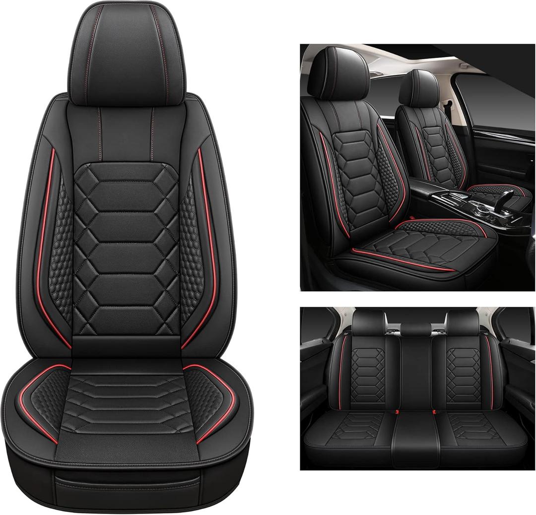 Leather Car Seat Covers Full Set, Waterproof Faux Leather Seat Covers for Cars, Non-Slip Car Interior Covers Universal Fit for Most Cars Sedans Trucks SUVs, Black/Red