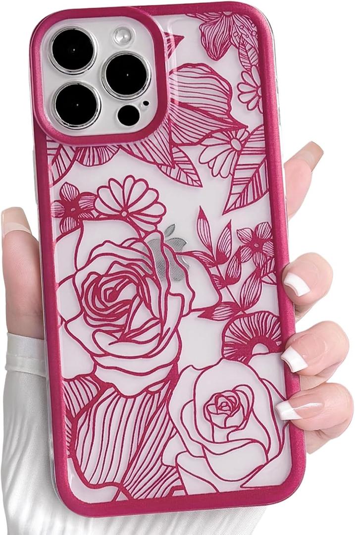NITITOP Compatible with iPhone 13 Pro Case Clear Cute Rose Flower Floral Leaves Pattern for Women Girls Color Frame Slim Durable Shockproof Protective Phone Cover - Rose Red