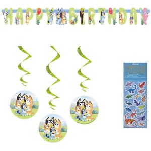 Bluey Birthday Party Supplies Bundle includes 1 Happy Birthday Banner , 3 Hanging Swirl Decorations, 1 Dinosaur Sticker Sheet
