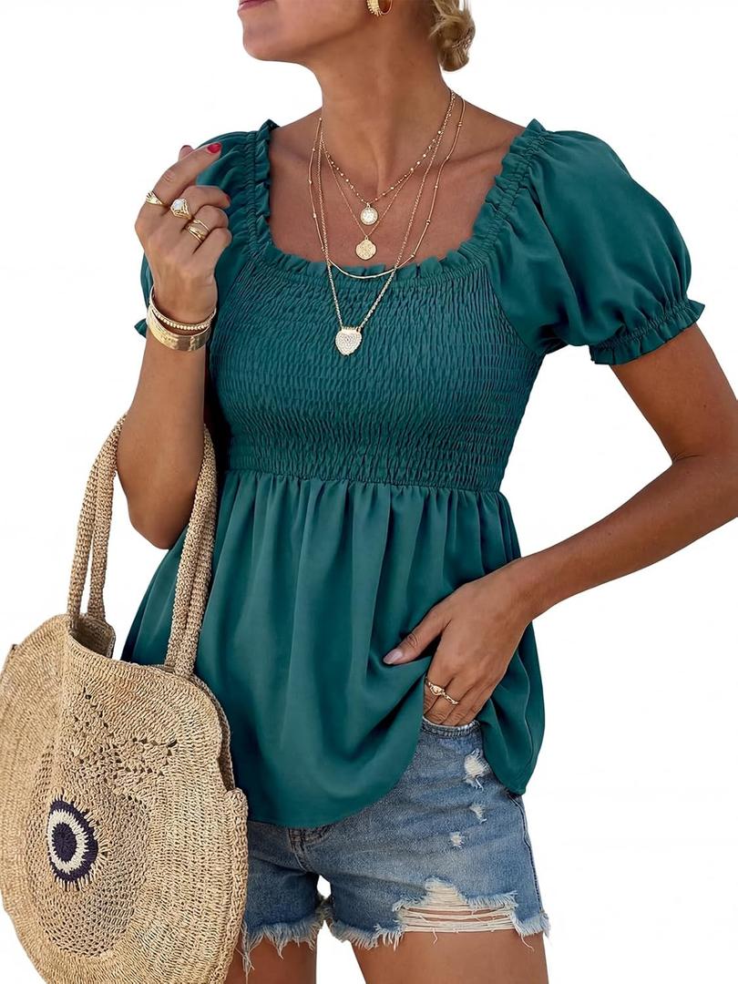 Womens 2025 Summer Puff Short Sleeve Babydoll Tops, New Blue Green (XXL)