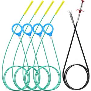 Snake Drain Hair Removal Tool (5 Pcs): 4 x 50-Inch Drain Hair Removers + 63-Inch Shower Drain Snake Blockage Removal Tool, Drain Brushes for Showers, Toilets, Bathroom Sinks and Bathtubs.