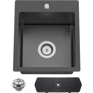 Black Kitchen And Bar Sink, 15x17 Inch Stainless Steel Drop In Kitchen Sink Modern Single Bowl Topmount Bar Sink Combo-Silicon Mat,Drain Strainer Set Compatibility With Various Kitchen & Bar Style, 15x17x9 inches