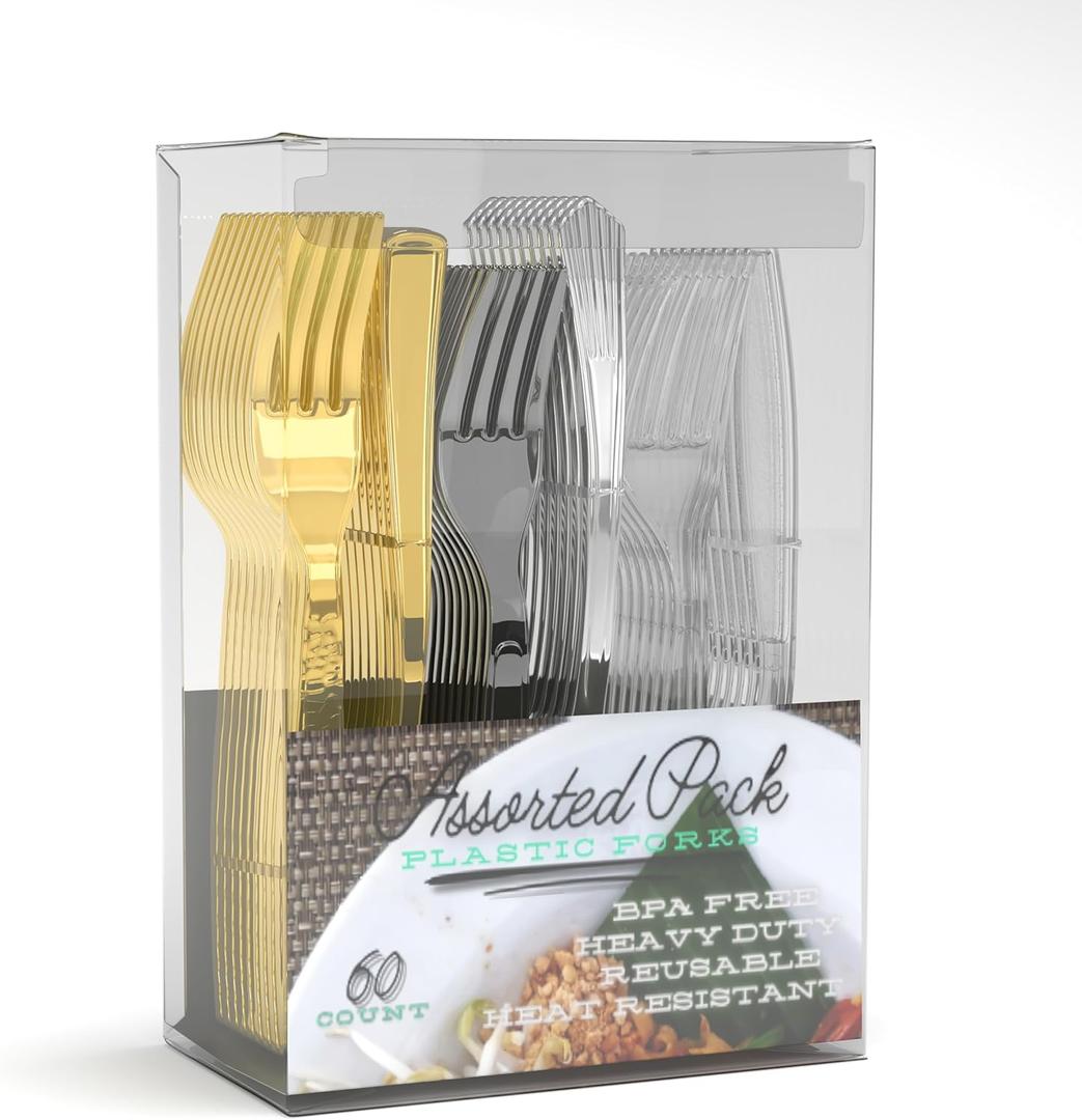 2 x Plastic Forks - Heavy Duty Gold, Silver, and Clear Plastic Forks. Assorted Sturdy Dessert, Appetizer and Cocktail Dining Forks. Premium Large Bulk Count Party Utensils