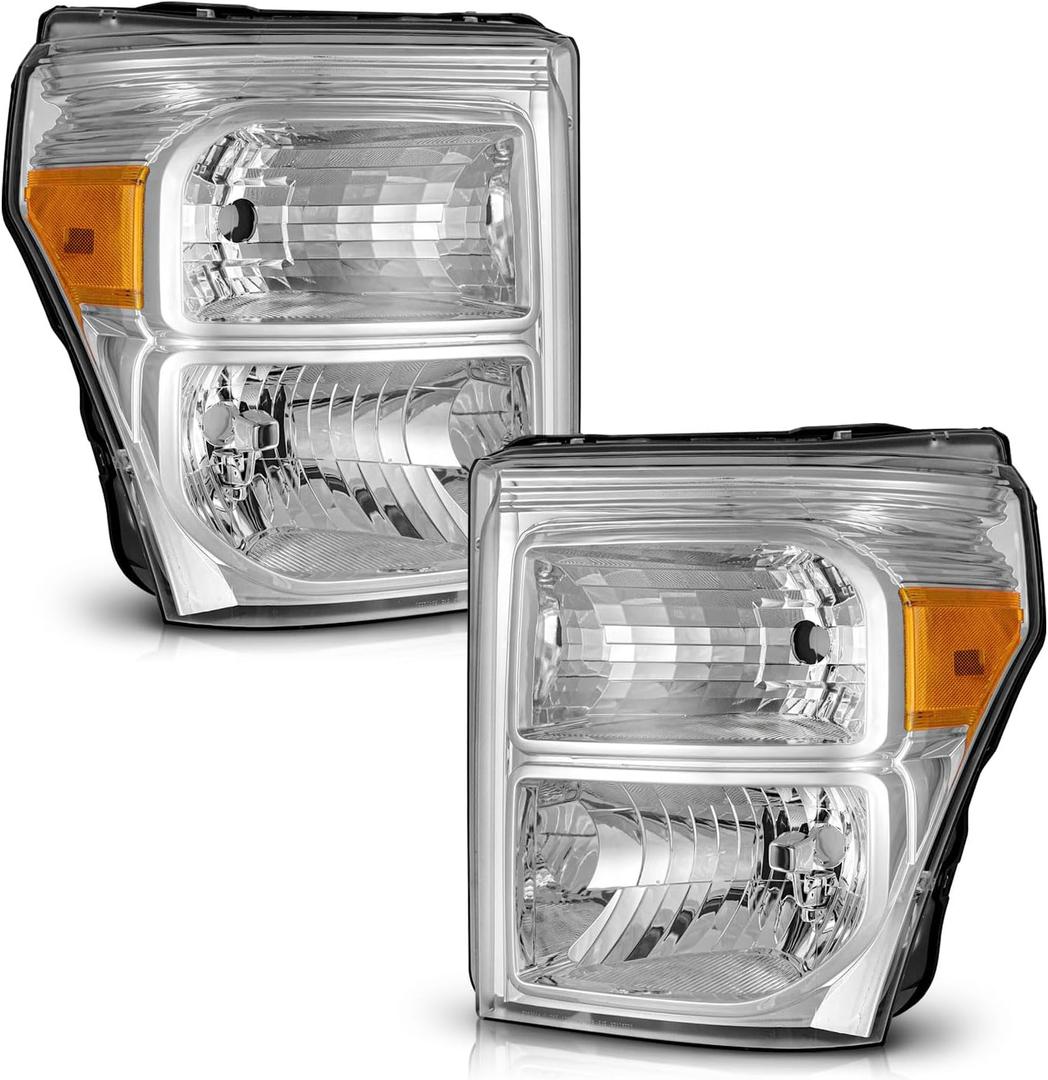 WEELMOTO Headlights Assembly for 11-16 Ford F250 F350 F450 F550 Super Duty | Compatible with 2011-2016 F250 F350 F450 F550 Headlamp Replacement Headlight Chrome Housing Amber Reflector