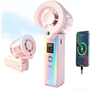 Portable Misting Fan, Handheld Rechargeable Fan with Water Mist, Personal Mini Turbo Fan with 1-100 High Speeds (20000 RPM), LED Light for Music Festival, Summer Trip Must-Haves, Holographic Pink