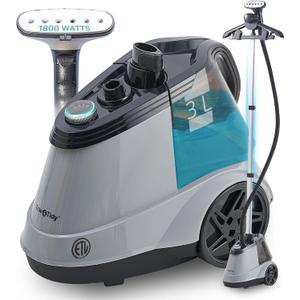 True & Tidy Heavy Duty Commercial Full Size Standing Garment Steamer for Clothes with Extra Large 3L (101 oz) Water Tank for 90+ mins of Steam Time, 1800 watts of Powerful Steam, 3 Settings, Gray