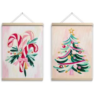 Pink Christmas Wall Art Decor for Girls Bedroom Pink Christmas Decor Hanging Berry Posters Wall Prints Living Room Set of 2, Vintage Christmas Wall Hanging Vacation Posters Art Xmas Gifts for Girls Women 12x16