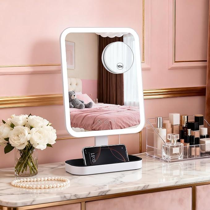 Hollywood Lighted Makeup Mirror: 12"x10" Vanity Mirror with Lights, 3 Color Modes Lighting Mirror with Magnification 10X, Lighted Vanity Mirror Tabletop - Plug in, White