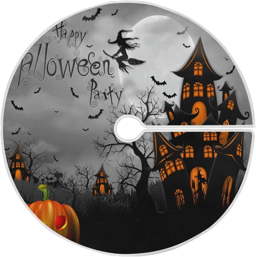 Happy Halloween Black Castle Christmas Tree Skirt Decorations Spooky Pumpkin Witch Bat Ghost Xmas Tree Mat 36 inch for Holiday Party Supplies Rustic Ornaments Mini Tree Skirt