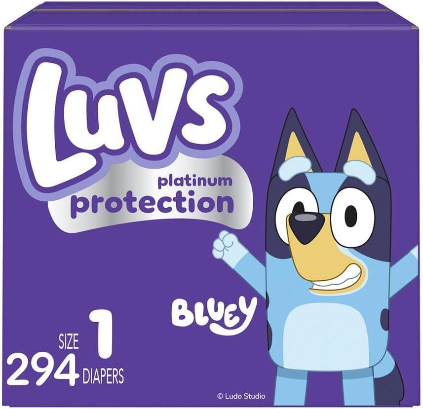 Luvs Size 1 Baby Diapers, Platinum Protection Bluey Diapers for Day & Night, Size 1, 294 Count