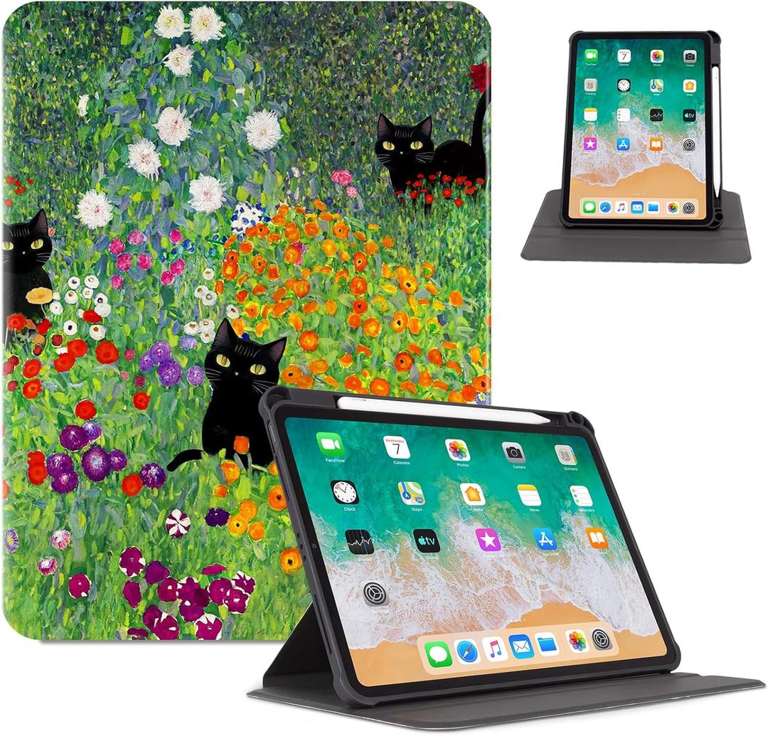 Rotating iPad Air 11 inch Case (M3/M2), iPad Air 5th/4th Generation 10.9 Inch 2022/2020,360 Degree Rotating Multi-Angle View Stand Pencil Holder Case for iPad Pro 11-inch, Flower Garden Cat