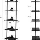 ELYKEN Ladder Shelf, 5-Tier Wood Wall Mounted Bookshelf with Metal Frame, Vintage Open Display Organizer Rack, Leaning Storage Shelves for Living Room, Bedroom, Home Office, Black, 11.6 inches x 15.4 inches x 70 inches