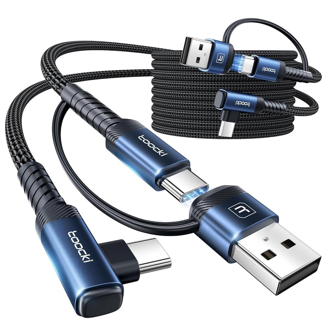 60W USB C Cable, [2-Pack, 10FT] Right Angle Type C Fast Charging Cable 2 in 1 Multi USB A/ C to USB-C Cable for iPhone15 Pro Max/ Plus/ MacBook Air/ Samsung S23 Ultra/ S22 Note 20