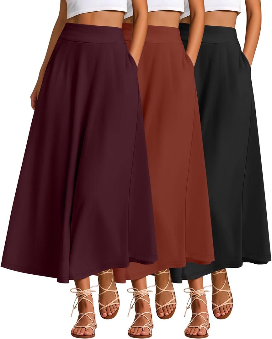 Ficerd 3 Pack Women's Maxi Long Skirts with Pockets, A Line Ankle Length High Waisted Flowy Soft Summer Casual Skirts, L, Rose Red, Pumpkin, Black