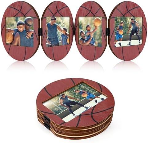 Pack of 2, YLOLUL 4 Folding Basketball Picture Frame Wood Sport Balls Themed Photo Frame Sport Gifts for Team, Basketball Decor for Wall Tabletop Display
