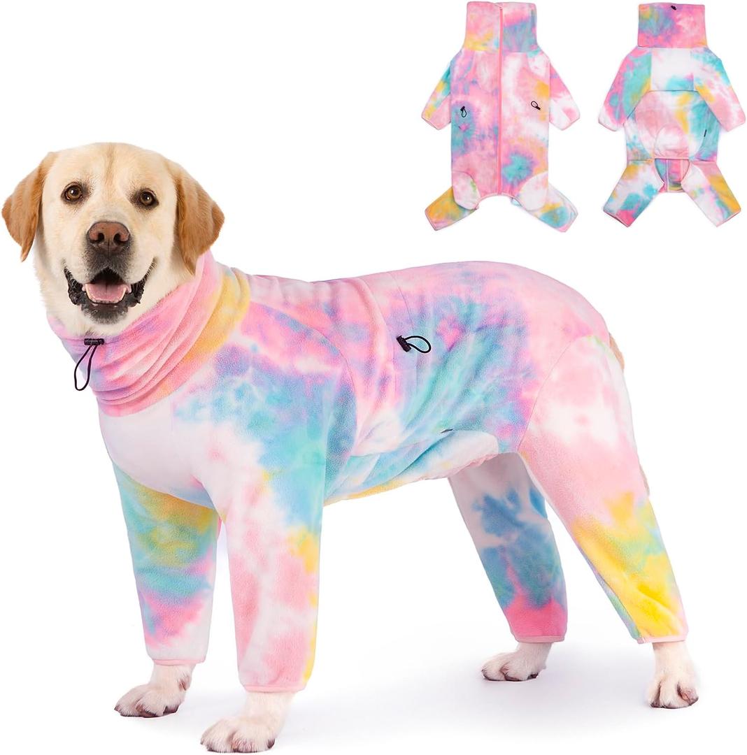 Dog Winter Coat for Large Medium Small Dogs, Warm Fleece High Collar Full Body Dog Jumpsuit Comfortable Onesie Apparel (Pink Blue, X-Large) 