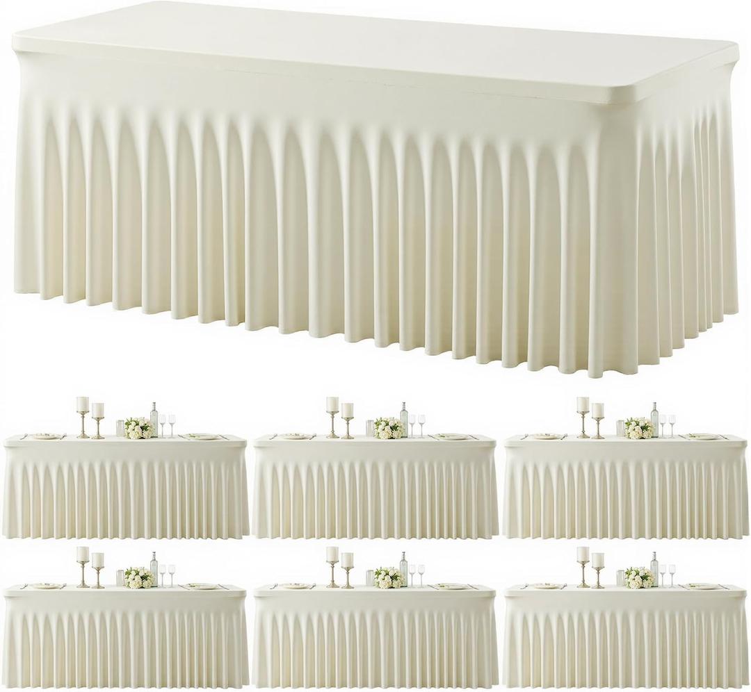 Besutolife 6 Pack Beige Spandex Tablecloth for 6ft Rectangle Tables Fitted Table Cloth Stretch Table Covers Skirt 6ft Rectangular Tablecloths for Banquet Parties Wedding Decorations