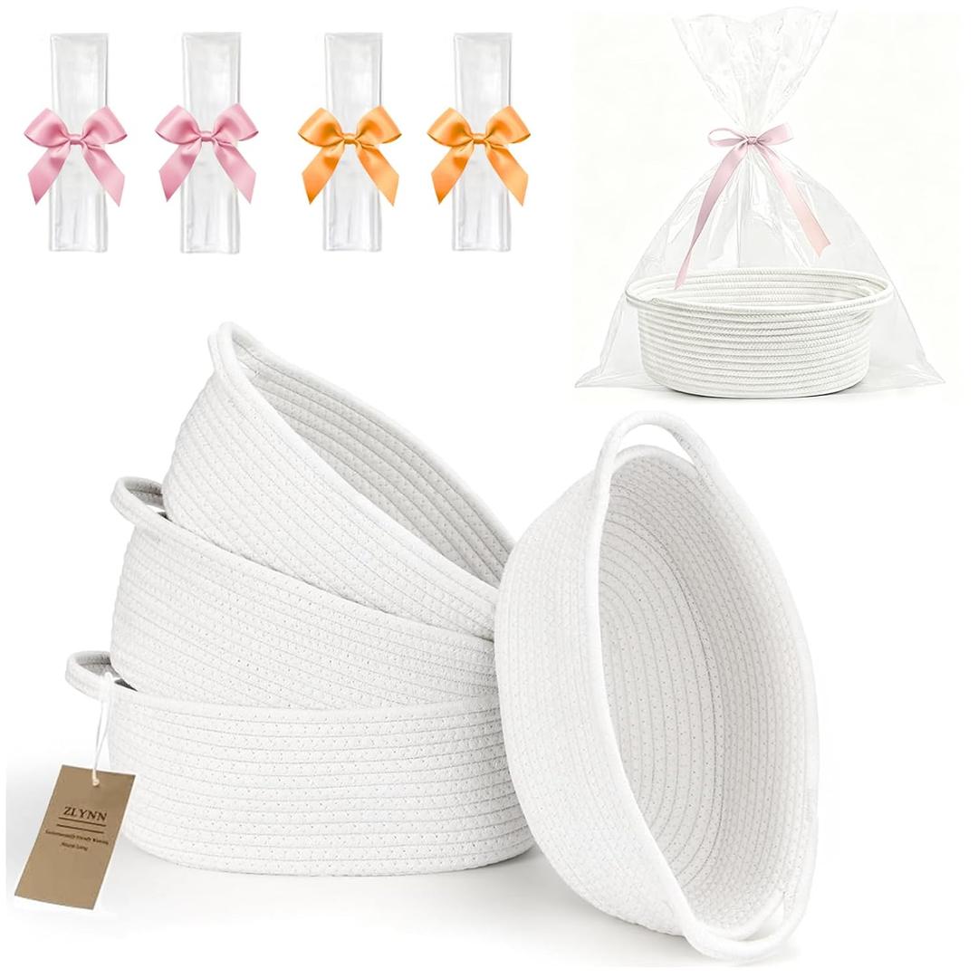 4PCS Woven Baskets Organizing Cotton Rope Decorative Baskets for Home Bedroom Bathroom Laundry Storage Pet Baby Toy Containers Soft Empty Basket with Cellophane Wrap Set(12" x 8" x 5")