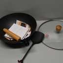 WANGYUANJI 11.8 Inch Iron Wok with Glass Lid, Flat Bottom Stir Fry Pan with Wooden Handle, Non-Coated Naturally Nonstick Skillet, Traditional Chinese Wok for Gas, Electric & Induction Cooking