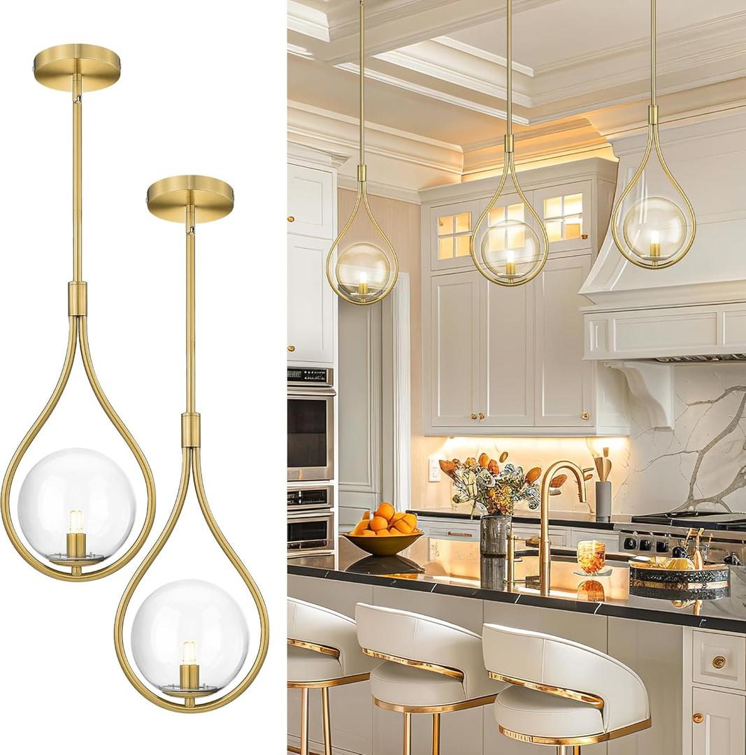 AUTELO 2 Pack Gold Pendant Lights, Hanging Lamp in Brushed Gold Finish with Clear Globe Glass, Mid Century Pendant Lights Kitchen Island with Adjustable Rods for Kitchen H9377 CLBG-2PK