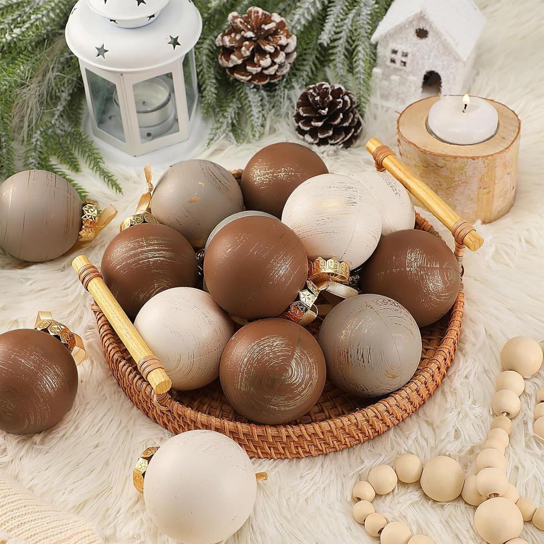 Yunlly 24 Pcs Textured Christmas Ball Ornaments 2.36'' Neutral Christmas Tree Decor Modern Vintage Brown Hanging Decor Shatterproof Home Ornaments for Rustic Large Farmhouse (Classic Color)
