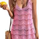 Womens Sexy Crochet Cover Up Swimwear Mesh Dress See Through Fishnet Beach Swimsuit Top (Large, Pink)