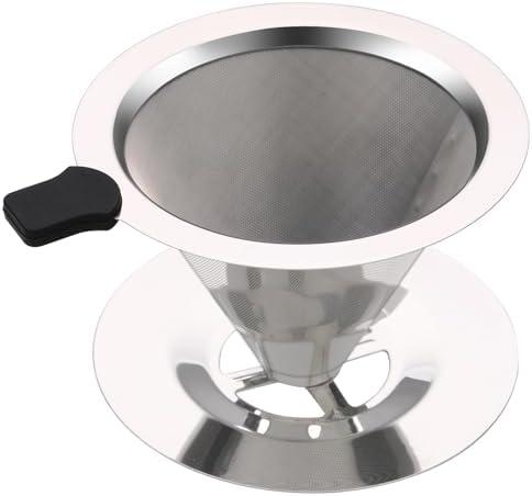 LHUKSGF Pour Over Coffee Dripper，304 Stainless Steel Metal Coffee Filter with Base, Dual-Layer Metal Coffee Filter, Perfectly Filters Coffee Grounds, Convenient and Portable for Outdoor Use