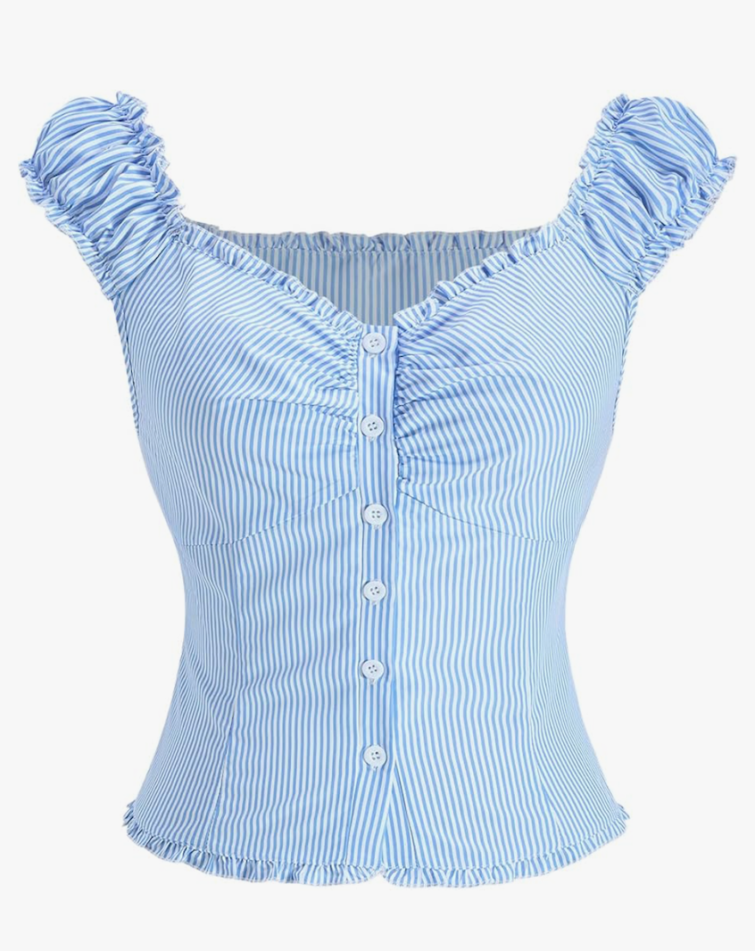 Women's Striped Off The Shoulder Top Ruched Button Down Sleeveless Going Out Blouse Medium