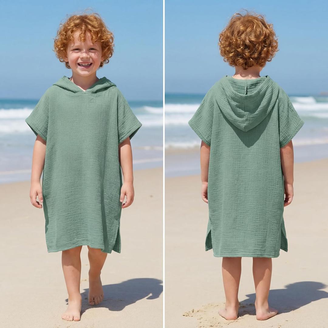 Frienda Muslin Hooded Beach Towel for 3-6 Years Kids Soft Muslin Bath Poncho for Baby Absorbent Fast Drying Blankets for Boys Girls Newborns Toddler Beach Pool Bath Essentials(Green)