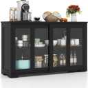 Buffet Sideboard with Storage, 2-Door Floor Cupboard with Sliding Tempered Glass Cabinet & Adjustable Shelf, Stackable Storage Cabinet for Kitchen, Entryway (Black)