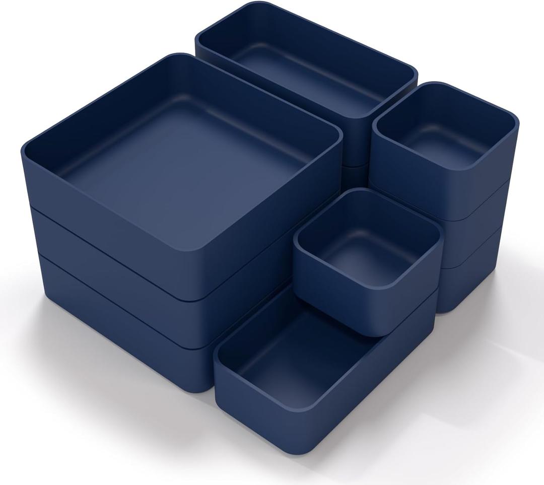 CHANCETSUI 11-Piece Stackable Drawer Organizer Set, Multi-size Desk Drawer Organizer Trays Vanity Storage Bins for Storing Makeup, Stationery, Utensils in Bathroom Dresser, Office and Kitchen (Blue)
