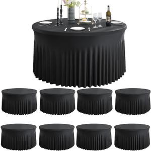 8 Pack Black Round Spandex Tablecloths for 60inch Table, Wrinkle Free 120inch Stretchy Fitted 5FT Round Table Cloths Cover with Skirt for Wedding Birthday Graduation Party Banquet